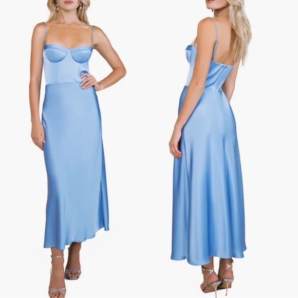 New KATIE MAY Flora Bustier top sleeveless satin Blue Cocktail midi Dress XS - Picture 1 of 7